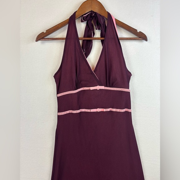 VINTAGE Y2K Halter Dress Baby Doll Coachella Boho Maroon Midi Velvet High‎ Low - Picture 2 of 14